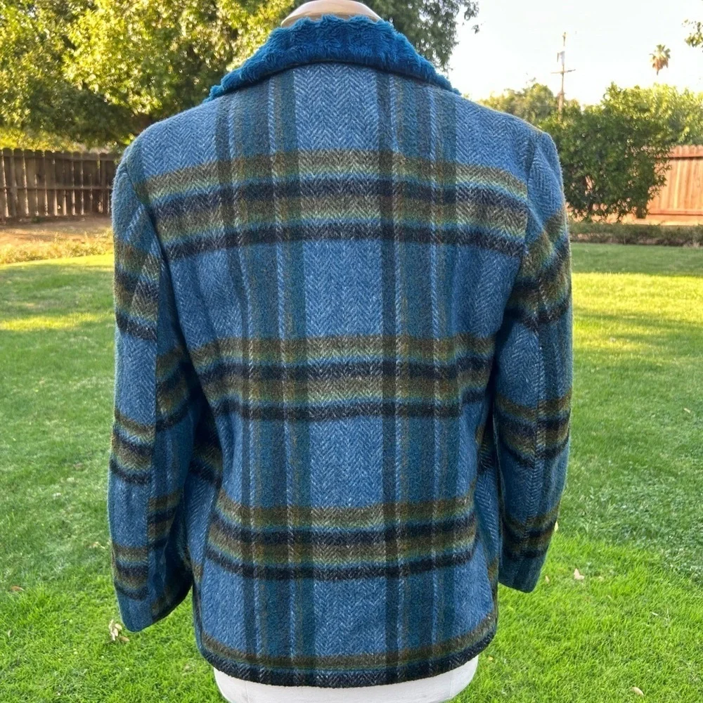 Vintage 70s Sir Jac Plaid Wool Faux Fur Lined Coat Made in USA Women’s Size 36